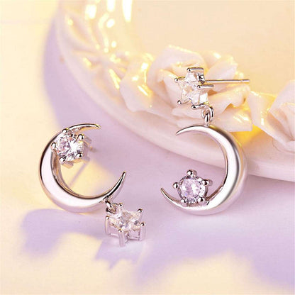 Cubic Zirconia & Silvertone Inverted Moon & Star Drop Earrings