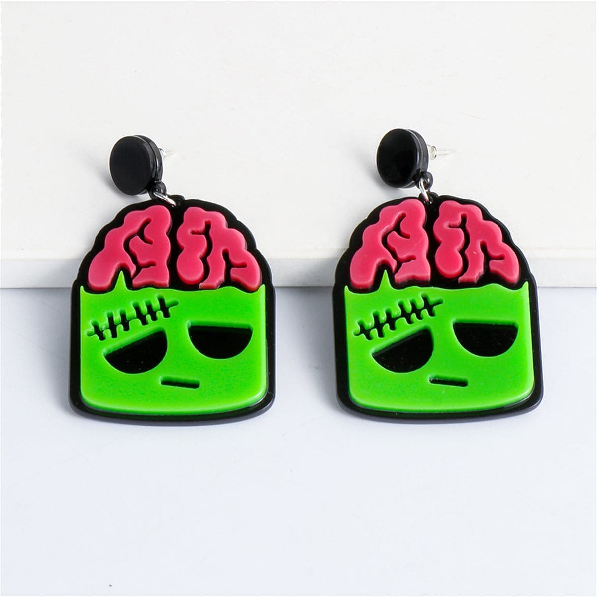 Green Acrylic & Silvertone Zombie Drop Earrings