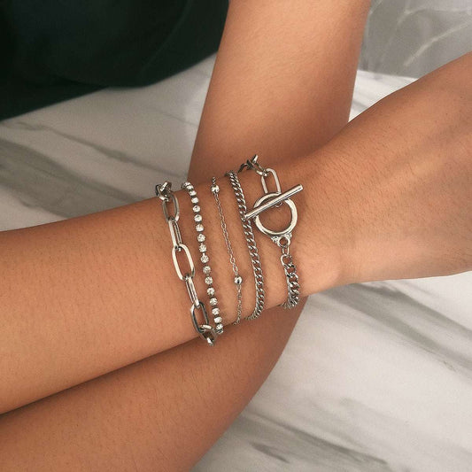 Cubic Zirconia & Silvertone Curb Chain Bracelet Set