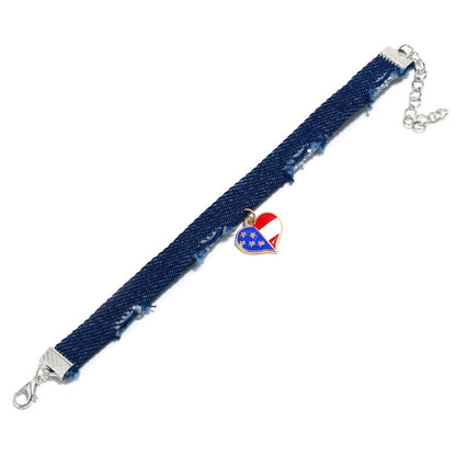 Blue & Silvertone American Flag Heart Bracelet