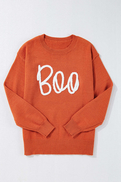 Boo Knitted Pattern Ribbed Edge Sweater - Apricot / M - 8/10