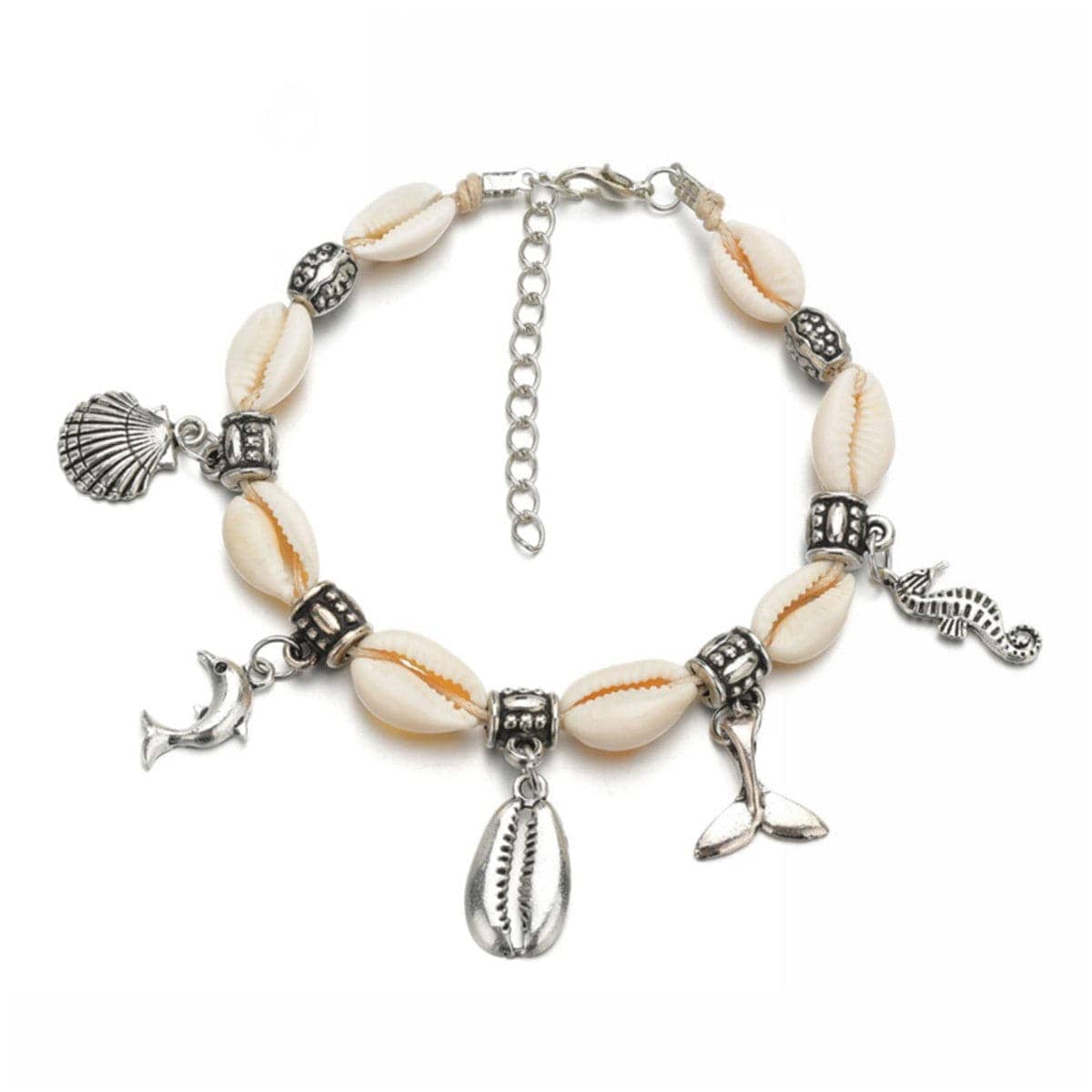 Shell & Silvertone Dolphin Hippocampus Charm Anklet