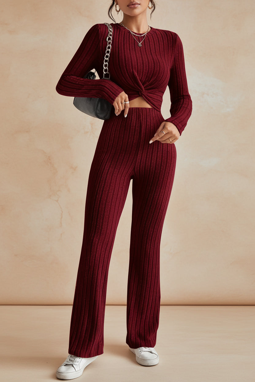 Women's Twist-Front Crop Top & Wide-Leg Ribbed Knit Set – 3 Colors