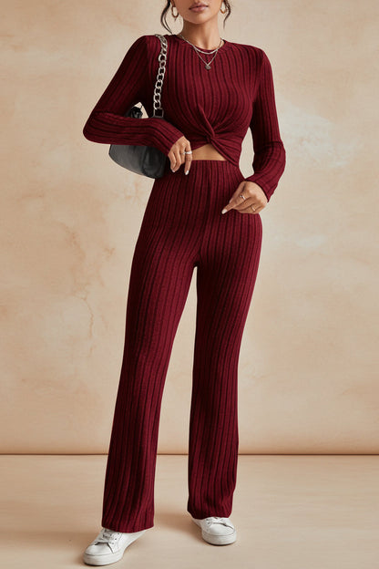 Women's Twist-Front Crop Top & Wide-Leg Ribbed Knit Set – 3 Colors