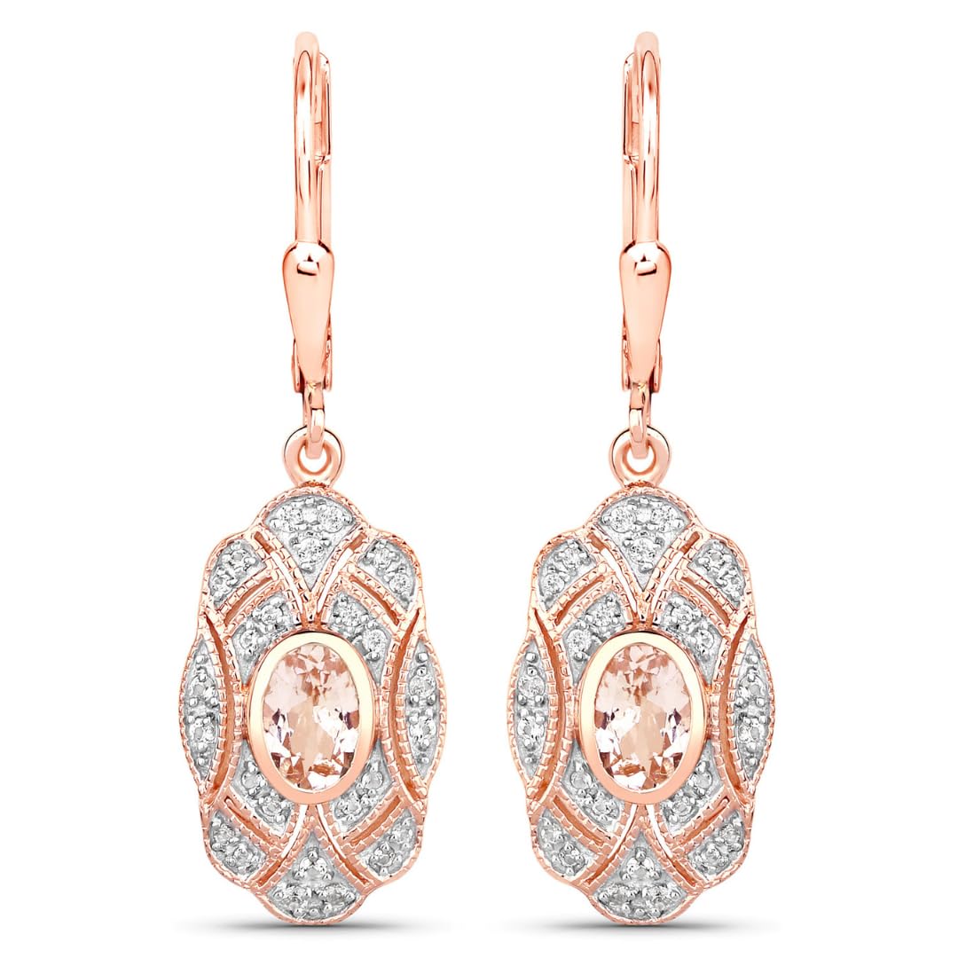Oval Pink Morganite Bezel 18K Rose Gold Plated Silver Lever Back Dangle Earrings