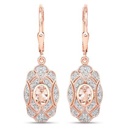 Oval Pink Morganite Bezel 18K Rose Gold Plated Silver Lever Back Dangle Earrings