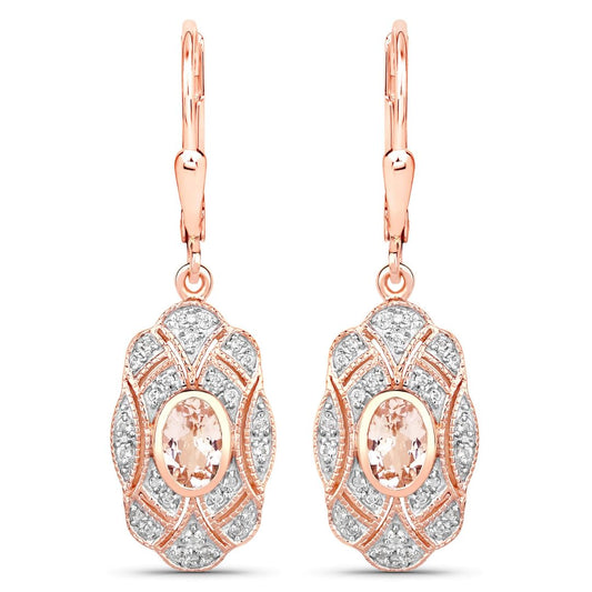Oval Pink Morganite Bezel 18K Rose Gold Plated Silver Lever Back Dangle Earrings