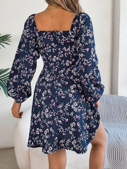 Mandotos Floral Print Lantern Sleeve Dress Red Tie Square Neck A Line Long Sleeve