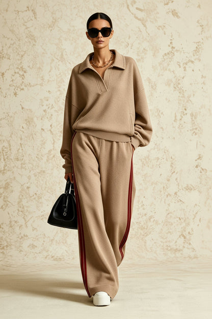 Women's Polo-Collar Oversized Sweatshirt & Side-Stripe Wide-Leg Pants Set