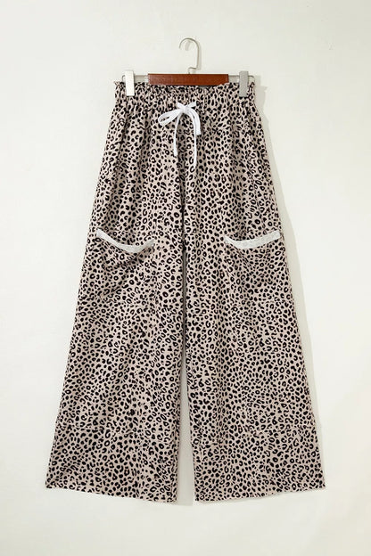Leopard Print Wide-Leg Pants with Drawstring