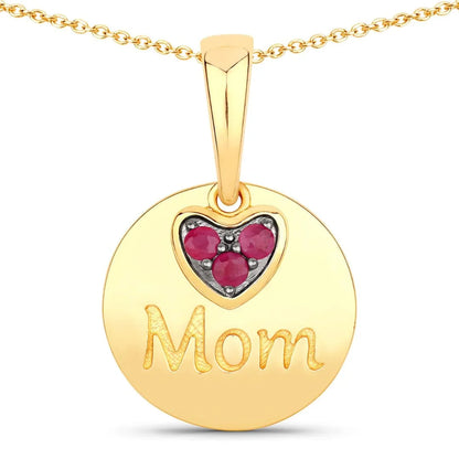 Round Red Ruby Prong Gold Plated Silver Mom Heart Pendant Necklace