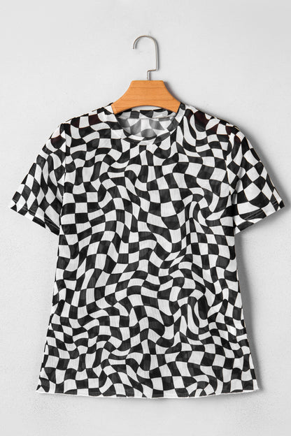 Sheer Checkered Mock Neck Mesh Short Sleeve