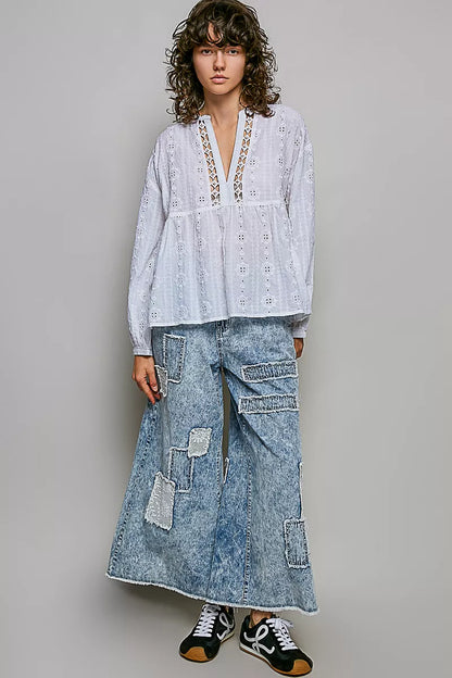 POL Lace Eyelet Long Sleeve Cotton Blouse