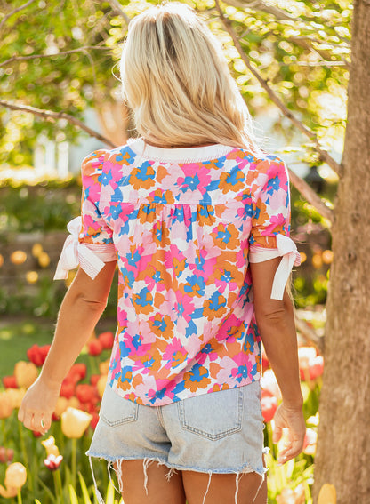 Threaded Pear Aleia Floral Knotted Short Sleeve Blouse