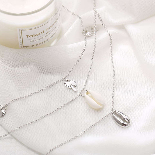 Shell & Silvertone Palm Tree Layered Pendant Necklace