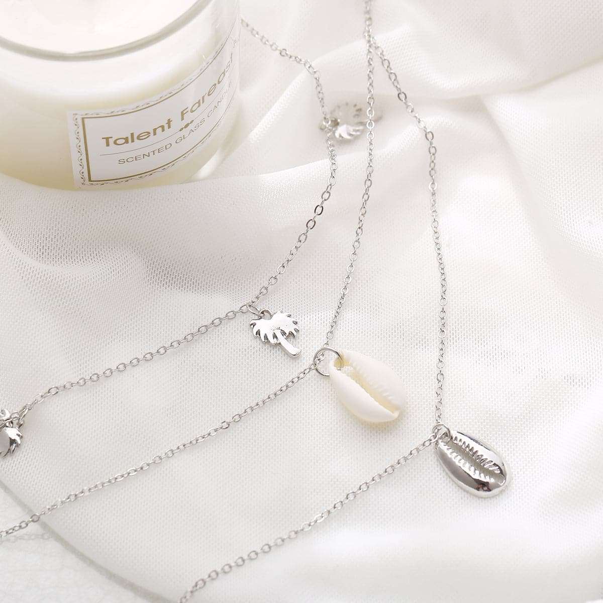 Shell & Silvertone Palm Tree Layered Pendant Necklace