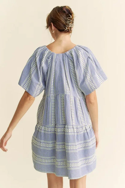 Davi & Dani Embroidered Stripe Ruffled Gingham Mini Dress