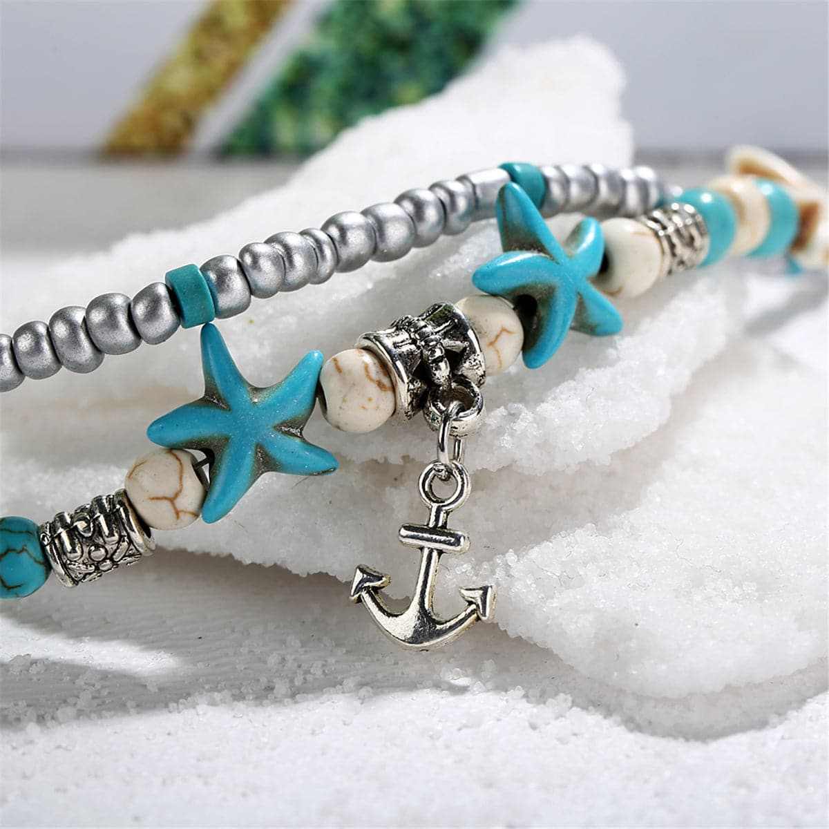 Turquoise & Silvertone Beaded Anchor Layered Anklet