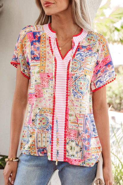 Threaded Pear Deborah Print Short Sleeve Blouse