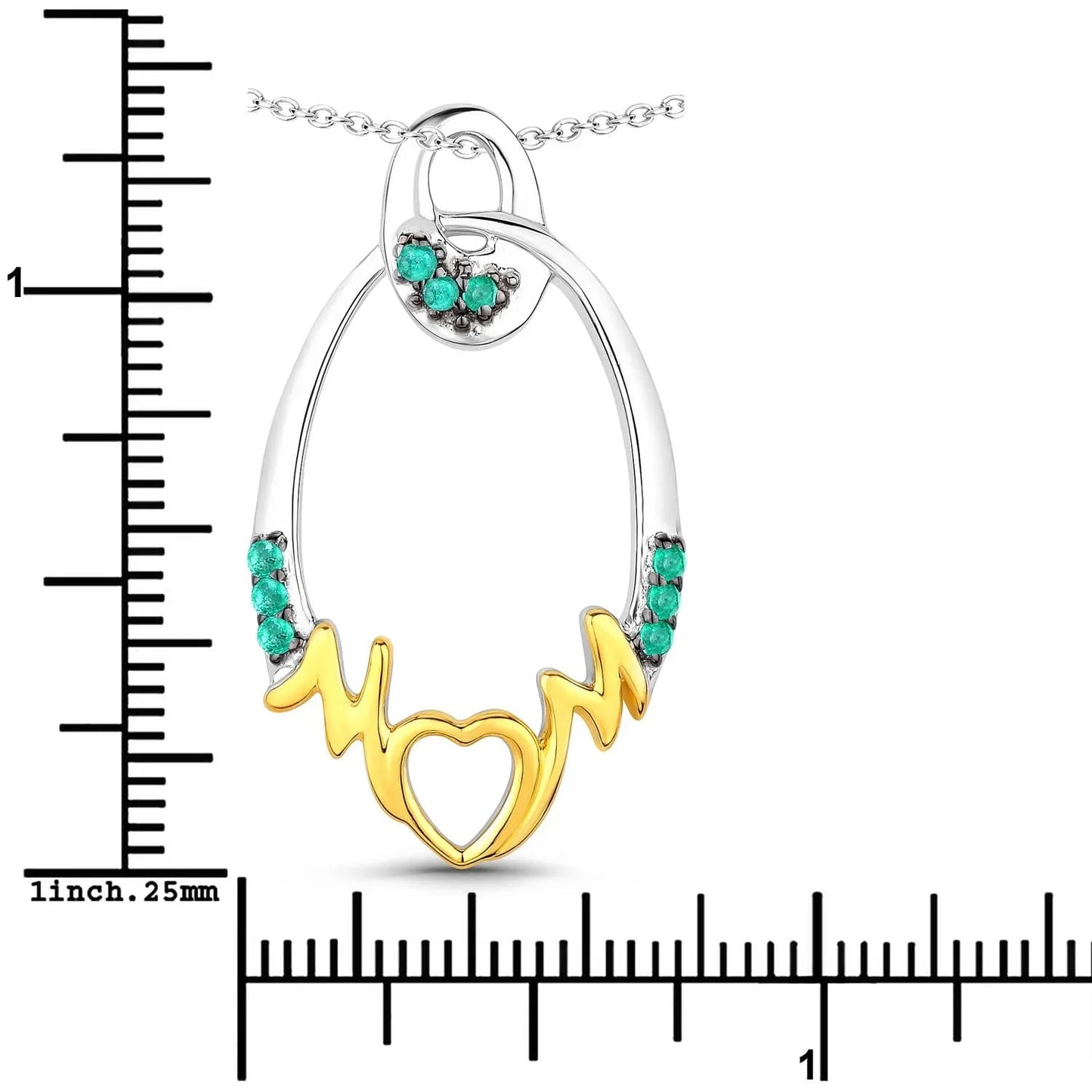Round Green Emerald Prong Silver Mom Heart Pendant Necklace