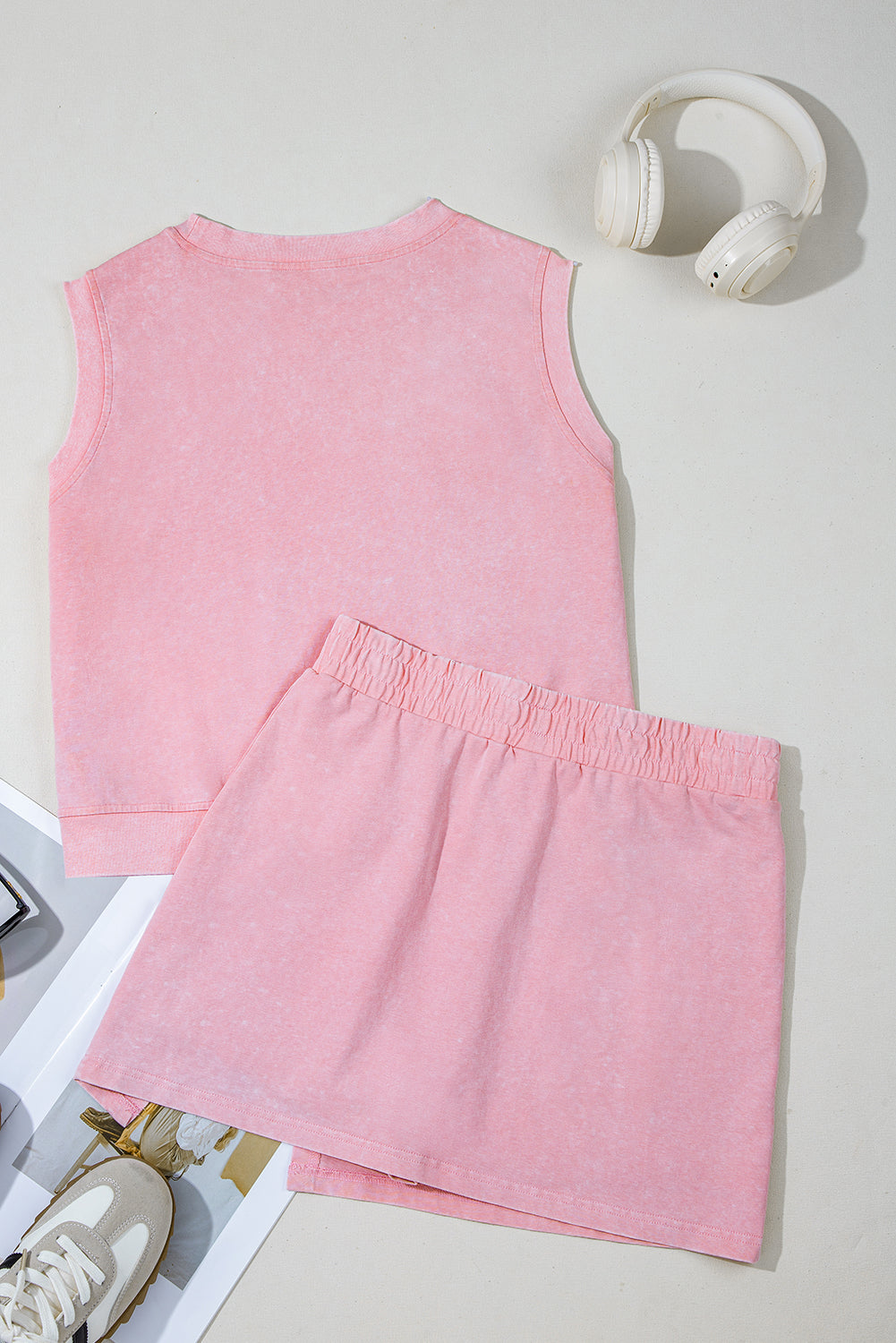 Threaded Pear Aria 2 Pieces Mineral Wash Cotton Tank Top Lined Split Skirt Set