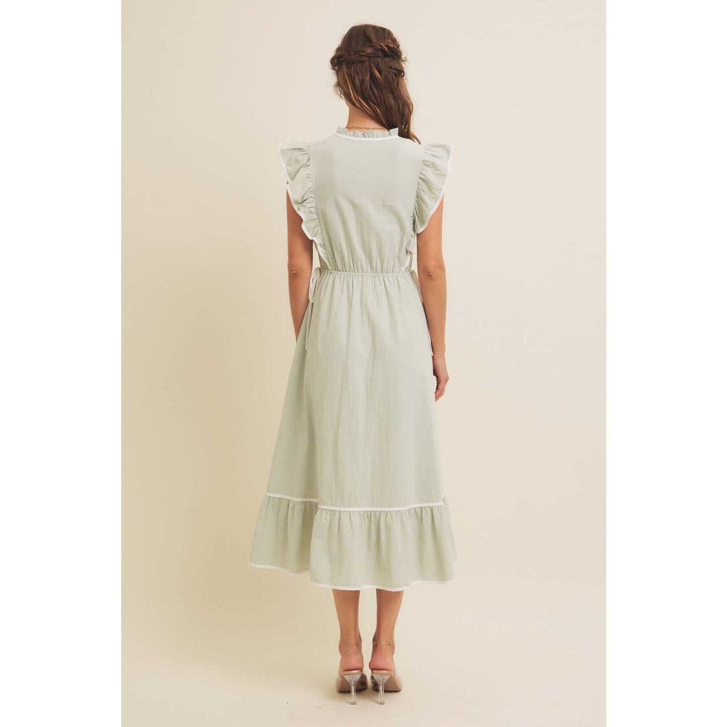 Annie- Cotton Gauze Midi Dress With Ruffles and Contrast Binding