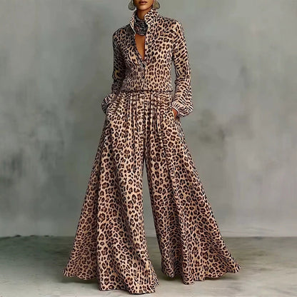 Leopard Print Wide-Leg Pants Set – Women’s Casual Two-Piece
