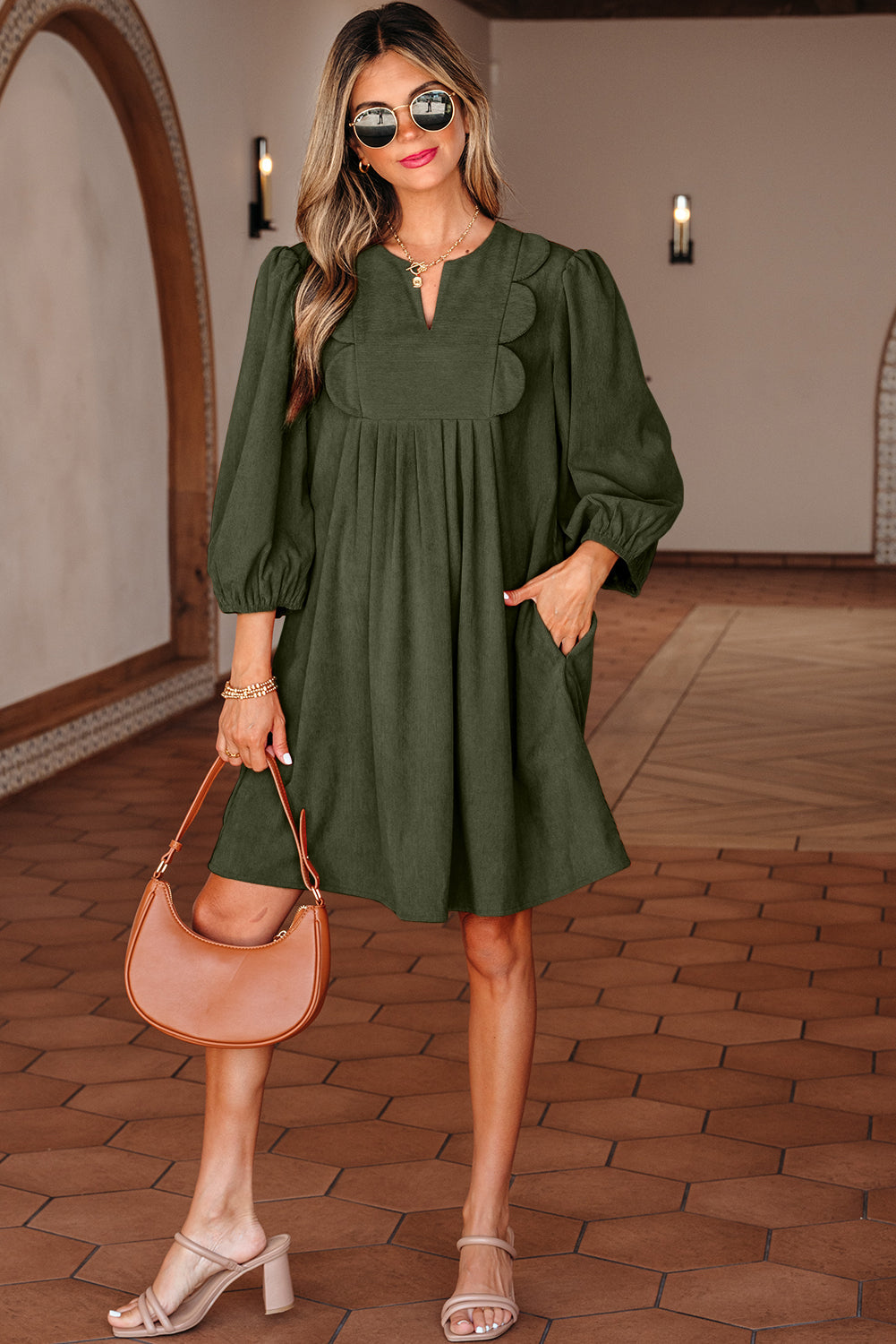 Threaded Pear Michelle Pleated Corduroy Mini Dress