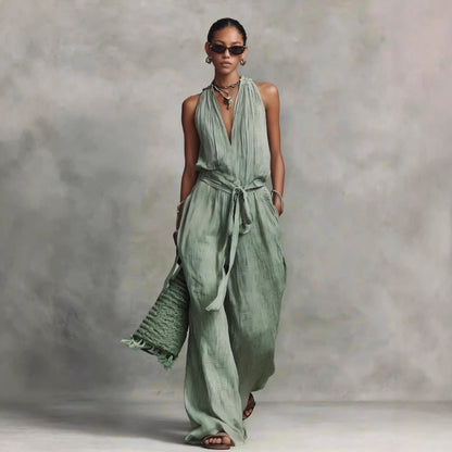 Lace-Up Sleeveless Straight-Leg Jumpsuit | Cotton-Blend