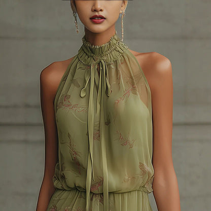 V-Neck Waist Trimming Ruffles Elegant Dress