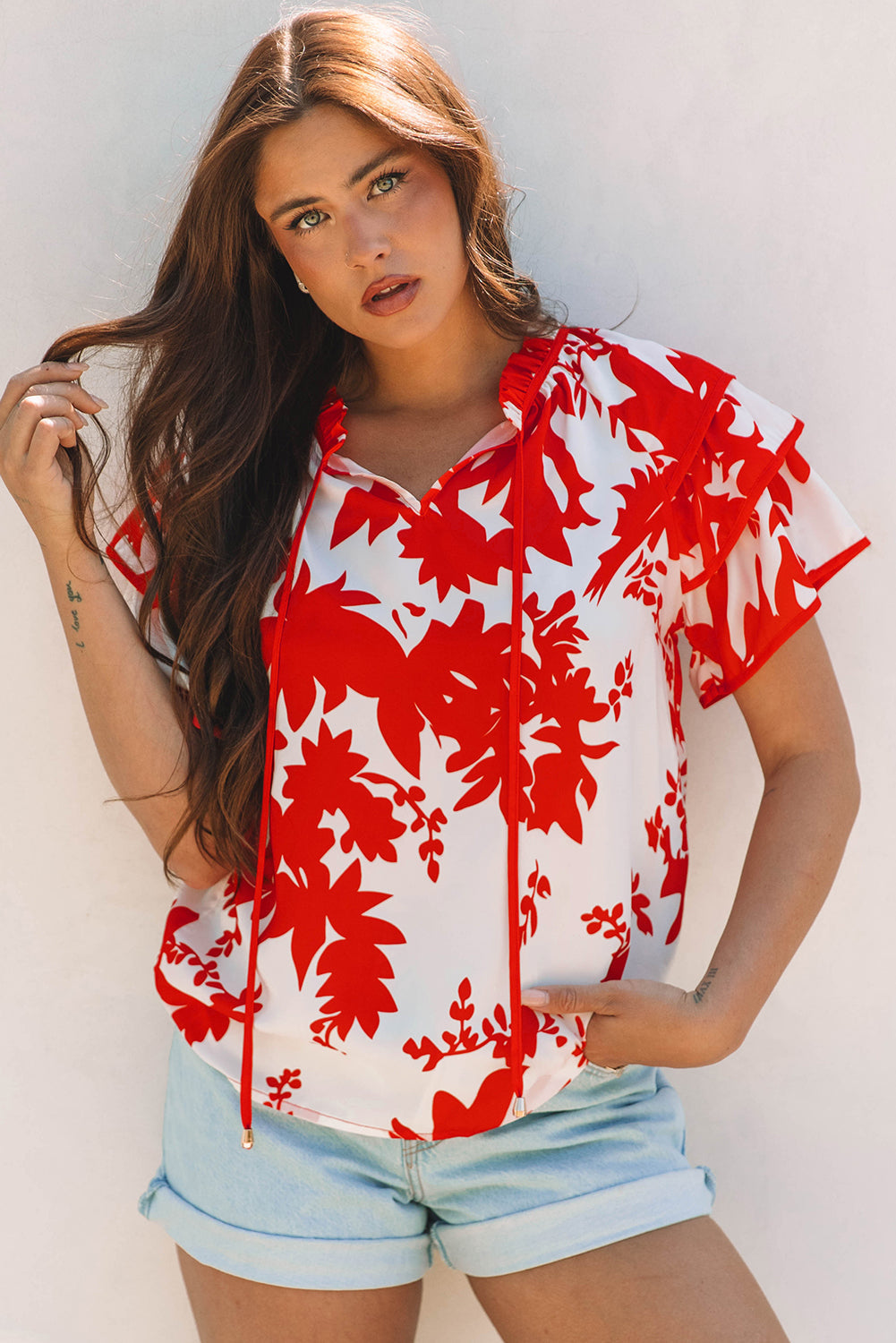 Threaded Pear Zoya Tiered Ruffled Sleeve V Neck Blouse