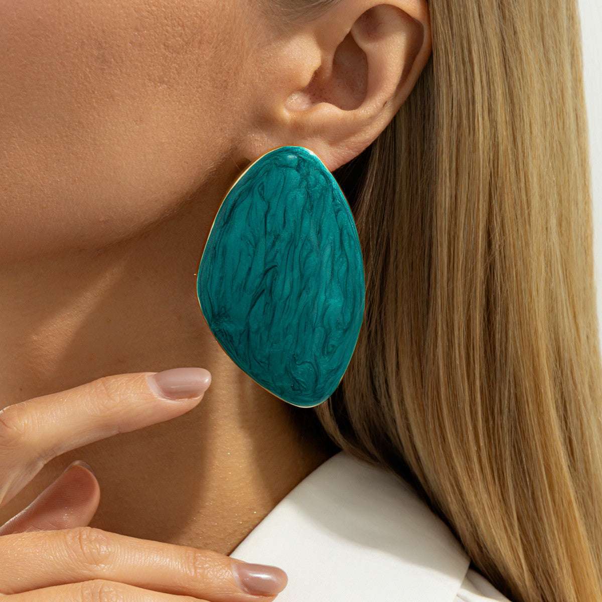 Green Enamel & Goldtone Drop Statement Stud Earrings