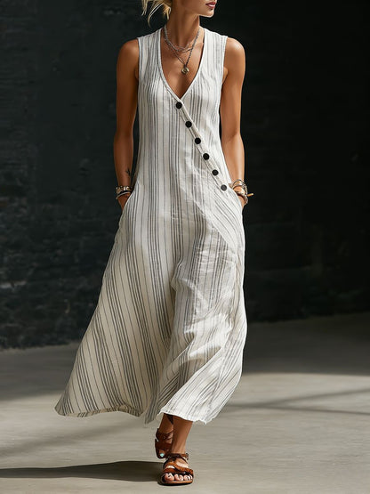 Women's V-Neck Diagonal Button Placket Cotton-Linen Shirt & Wide-Leg Pants Set