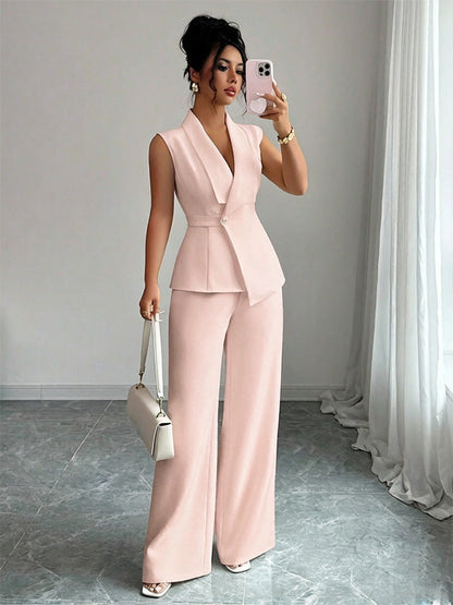 Women's Peplum Sleeveless Blazer & Wide-Leg Pants Two-Piece Set
