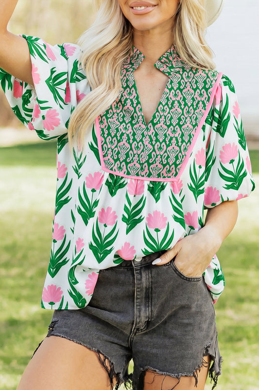 Threaded Pear Amiri Sleeve Contrast Bordered Blouse