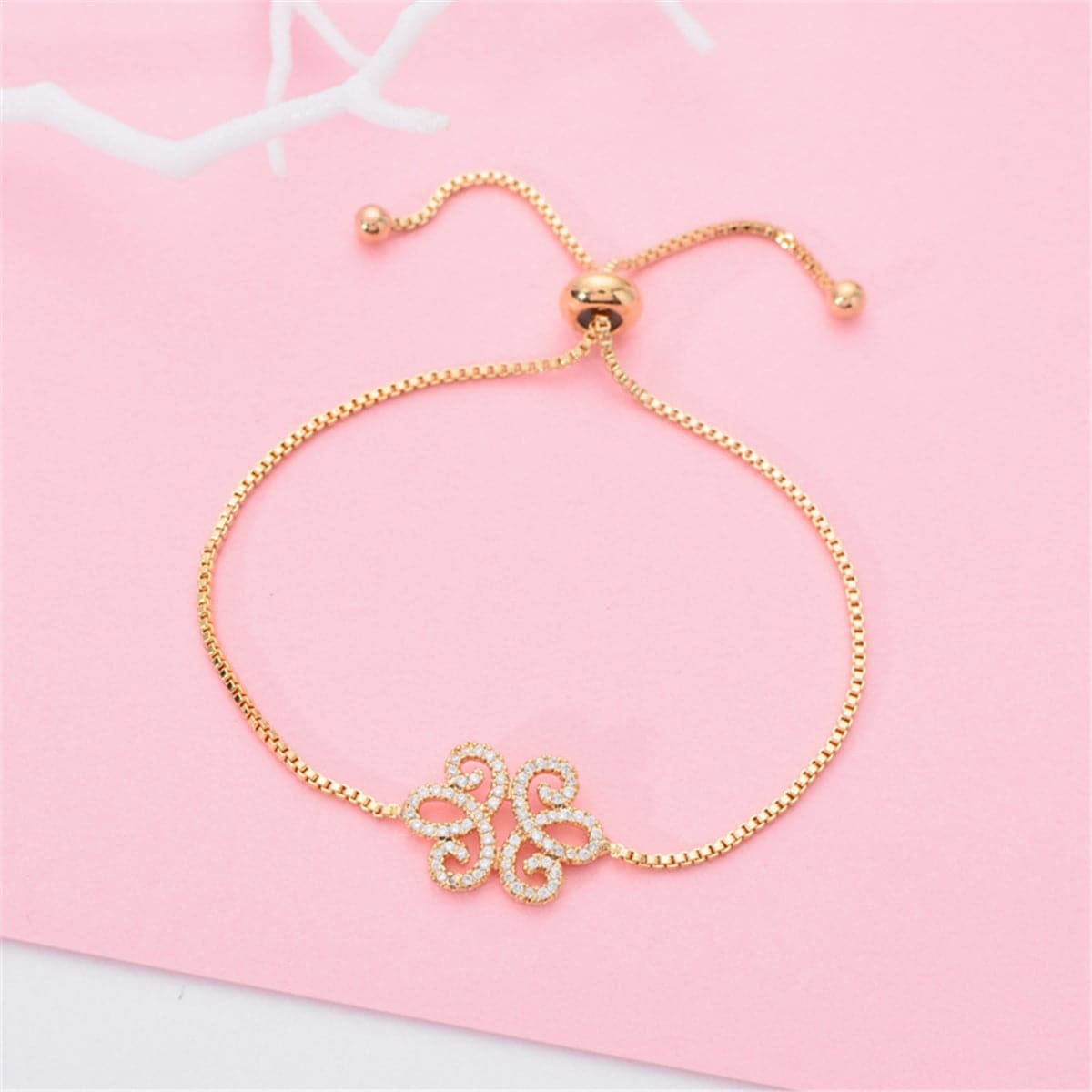 Cubic Zirconia & Goldtone Filigree Flower Adjustable Bracelet