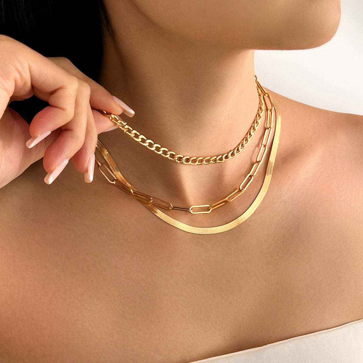 Goldtone Cuban Paperclip Snake Chain Necklace Set