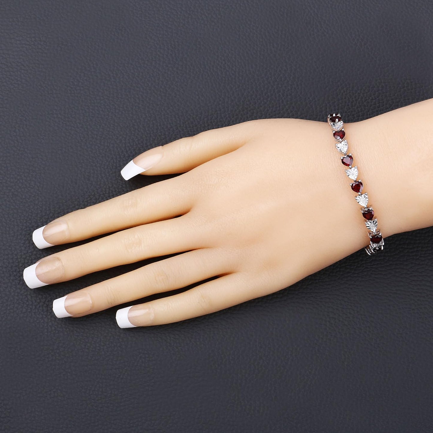 0.14 Ct Heart Red Garnet & Diamond Prong Silver Box Clasp Tennis Bracelet