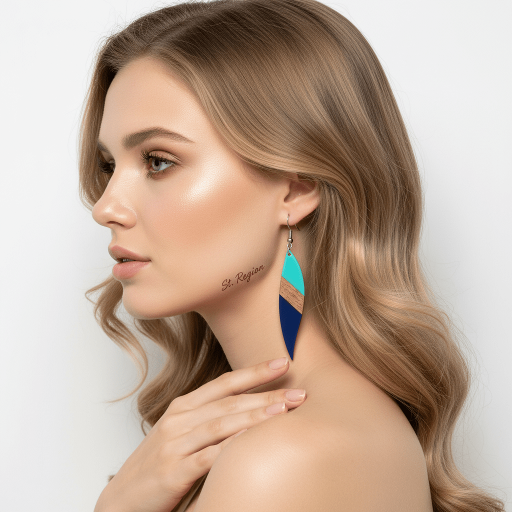 Mint Green & Navy Resin Wood Silvertone Color-Block Leaf Hook Earrings