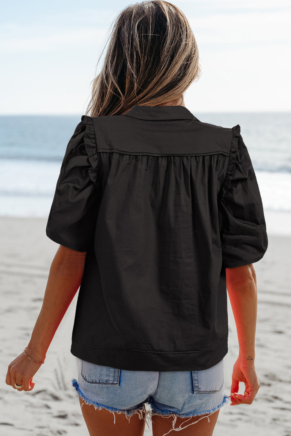 Threaded Pear Analeia Frilly Puff Sleeve Stylish Collared Shirt