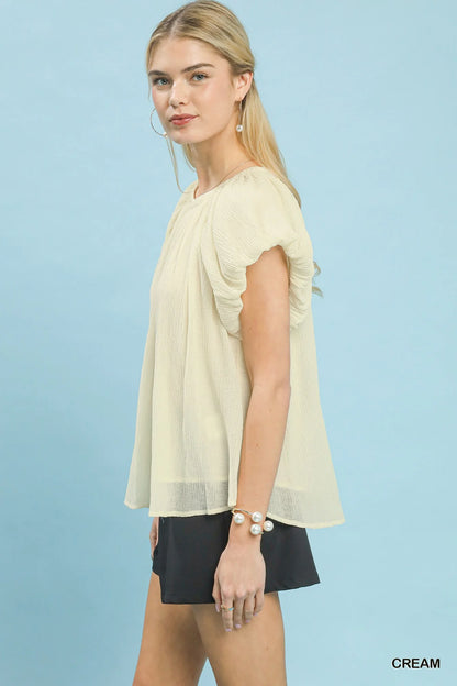 Umgee Crinkle Flutter Sleeve Peasant Top in Cream