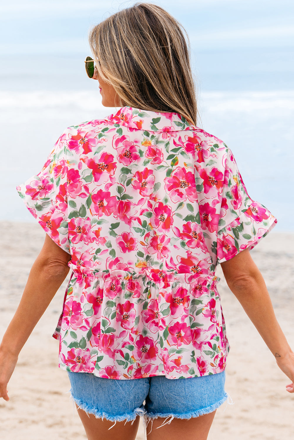 Threaded Pear Zoya Floral Ruffled Short Sleeve Blouse