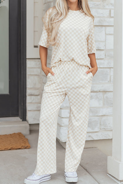 Rose Checkered Print Half Sleeve Tee 2pcs Lounge Pant Set