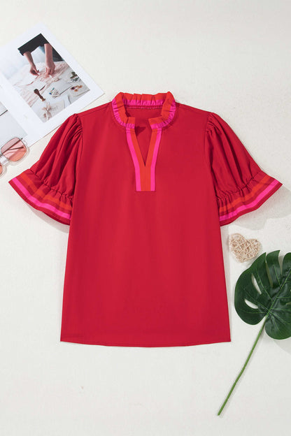 Threaded Pear Luciana Ruffled Short Sleeve Blouse
