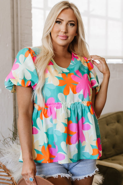 Threaded Pear Rayne Floral V Neck Peplum Blouse