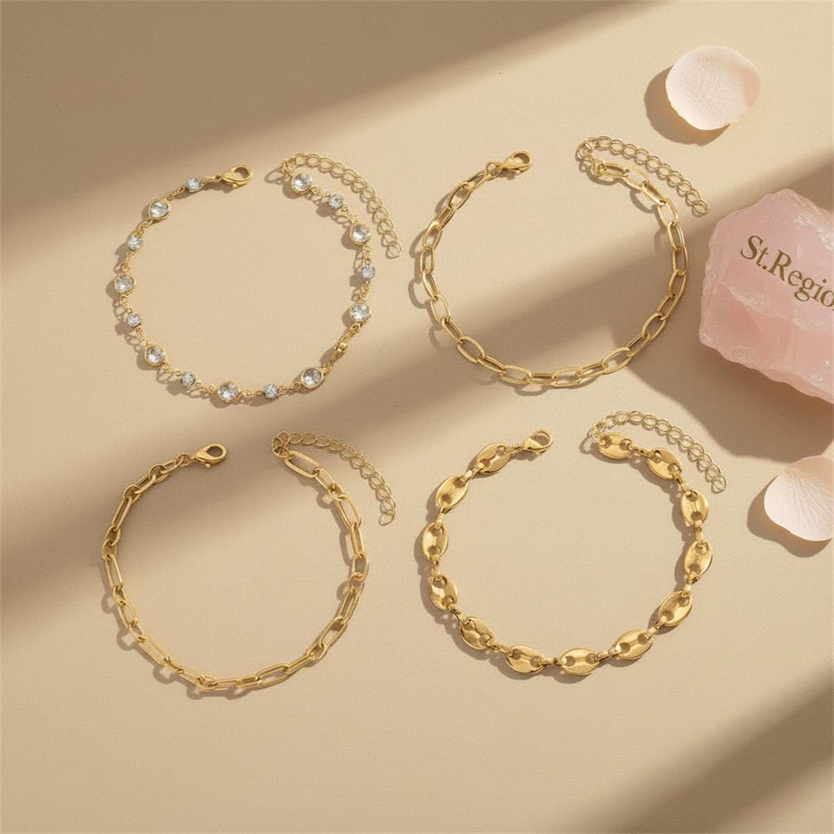 Clear Crystal & Cubic Zirconia Goldtone Pig-Nose Shape Chain Anklet Set
