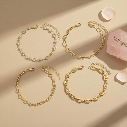 Clear Crystal & Cubic Zirconia Goldtone Pig-Nose Shape Chain Anklet Set