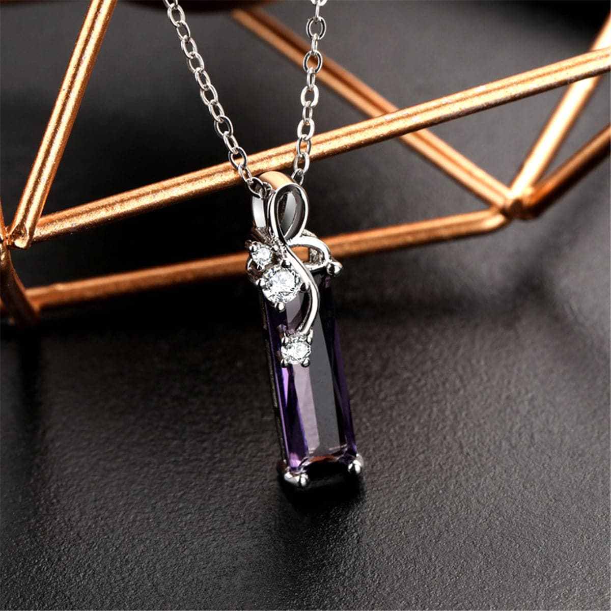 Purple Crystal & Cubic Zirconia Rectangle Pendant Necklace