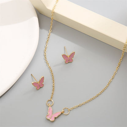 Pink Enamel & Goldtone Butterfly Pendant Necklace & Stud Earrings