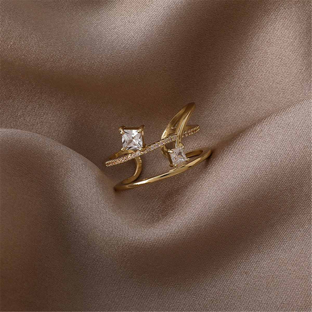 Cubic Zirconia & Crystal Goldtone Botany Open Ring
